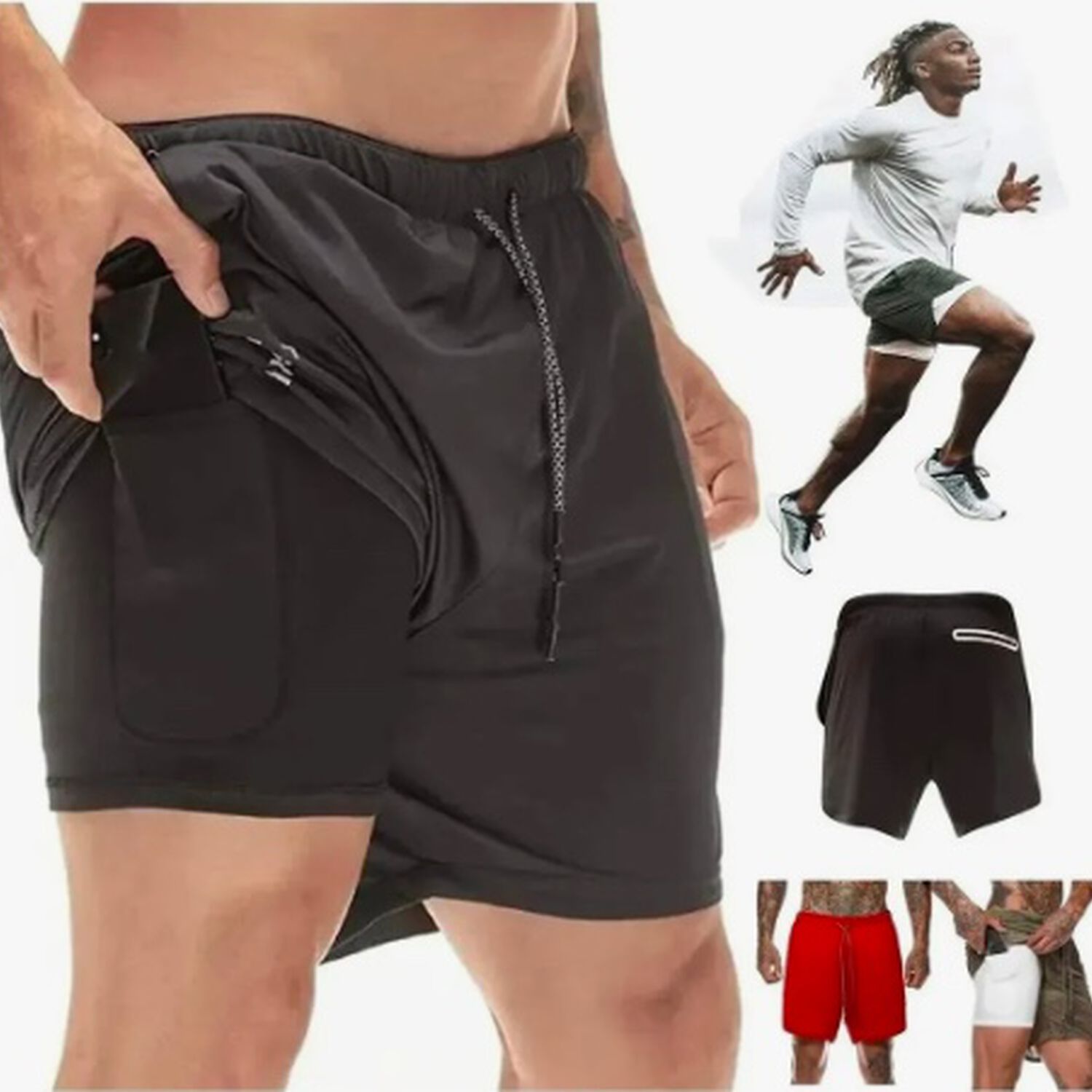 Short Gimnasio Con Licra Deportiva 2 En 1 Hombre Correr Negro M image number 0.0