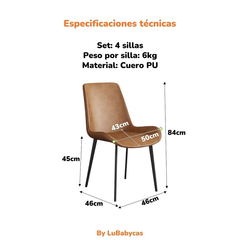 Set 4 Sillas De Comedor Cuero Pu Estilo Italiano Lubabycas image number 6.0