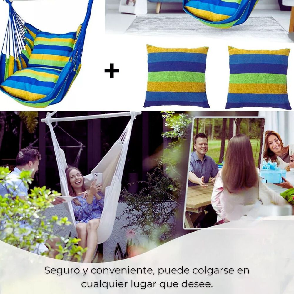 Silla Hamaca Colgante Columpio Con Dos Almohadas Para Jardin Azul Verde image number 2.0