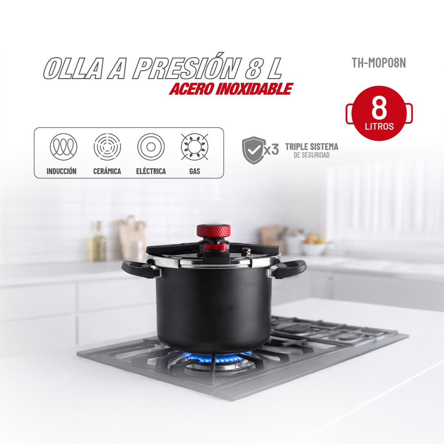Olla A Presi&oacute;n Thomas Thmop08n 8 Litros Acero Inoxidable Triple Sistema De Seguridad V&aacute;lvula De Operaci&oacute;n Y Seguridad Apta Inducci&oacute;n Asas Negras image number 2.0