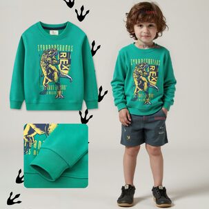 Polerón Niño Manga Larga 100% Algodón Verde Dinosaurio