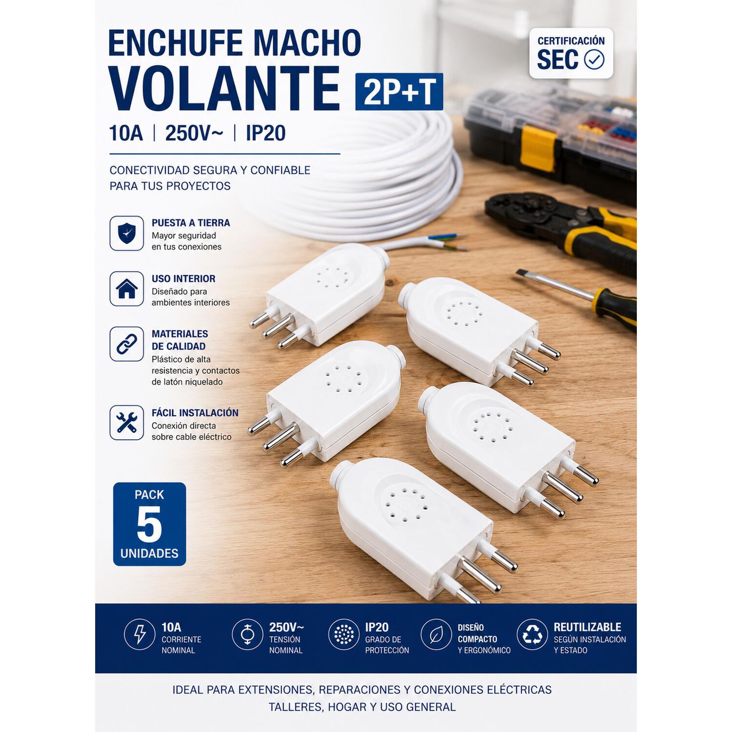 Pack 5 Enchufe Macho Volante 2p+t 10a 250v Certificado image number 6.0