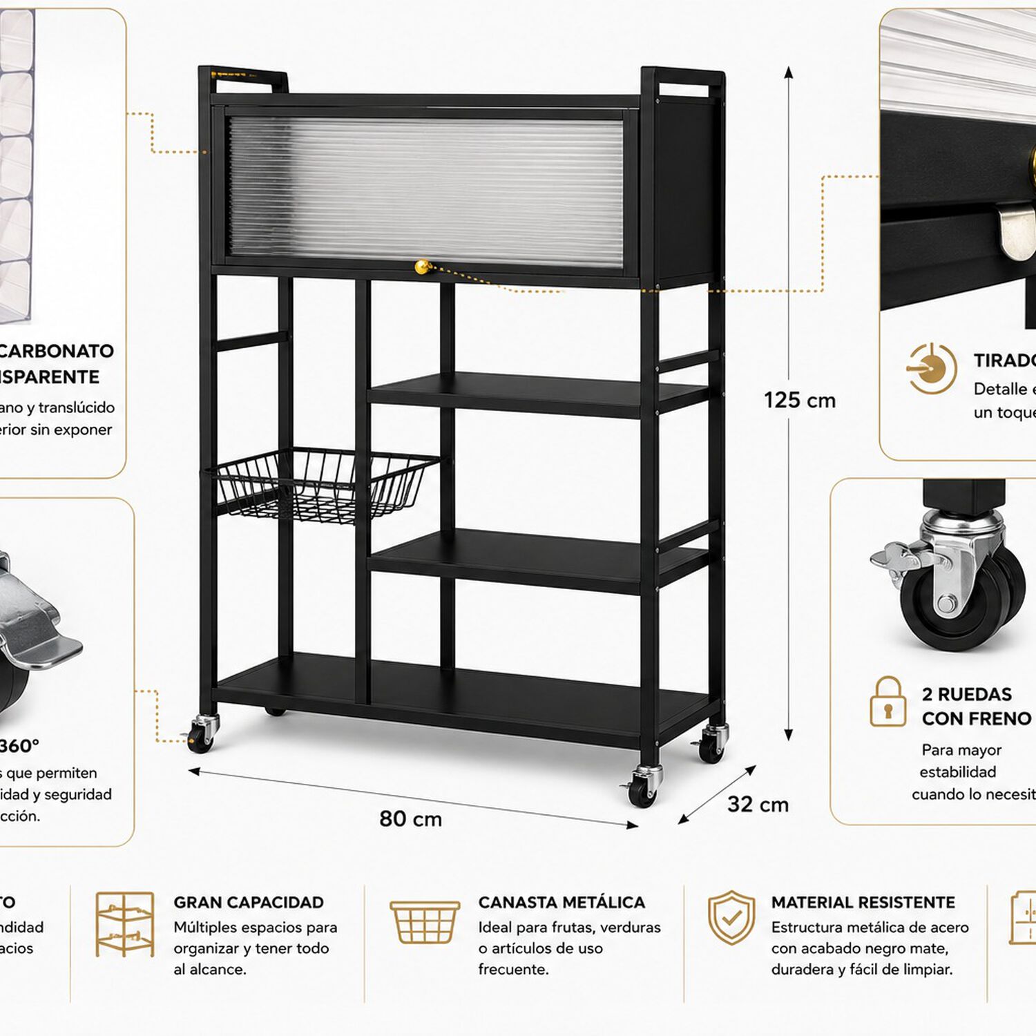 Estante Organizador Multiuso De Cocina Con Gabinete Y Ruedas Color Negro image number 2.0