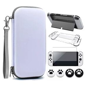 Estuche + Mica Vidrio + Funda + Grips - Nintendo Switch Oled Blanco