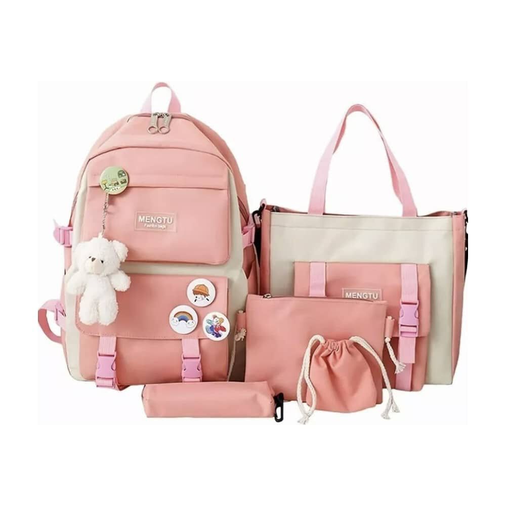 Mochila Escolar Viaje Estilo Coreano 5 Piezas Kit Rosa image number 0.0