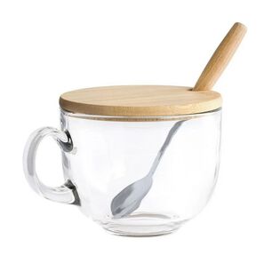 Taza Mug Vidrio Cuchara Posavasos Bamb&uacute; Vidrio Yirax 420 Ml