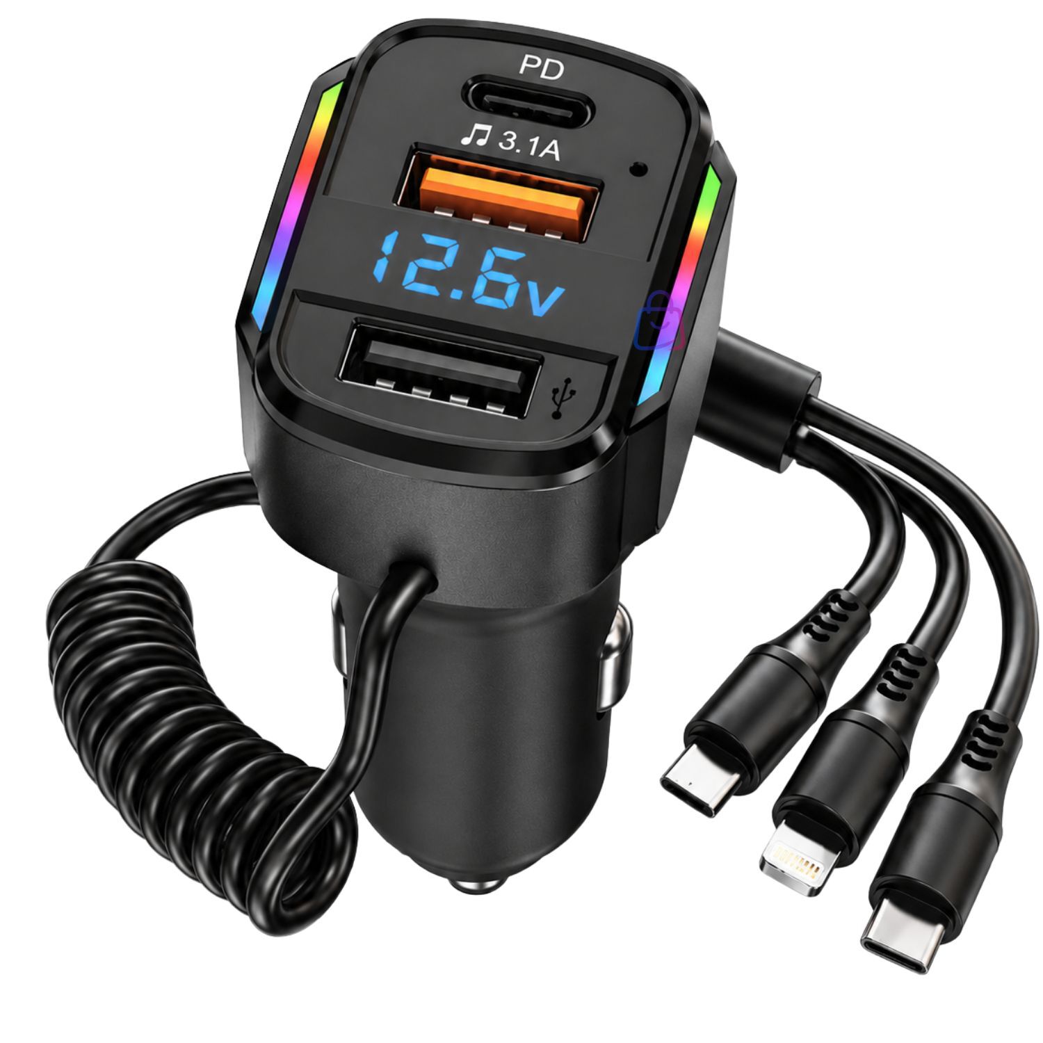Cargador Auto Rgb Usb Pd 36/65w Cable 3 En 1 - Ps image number 2.0