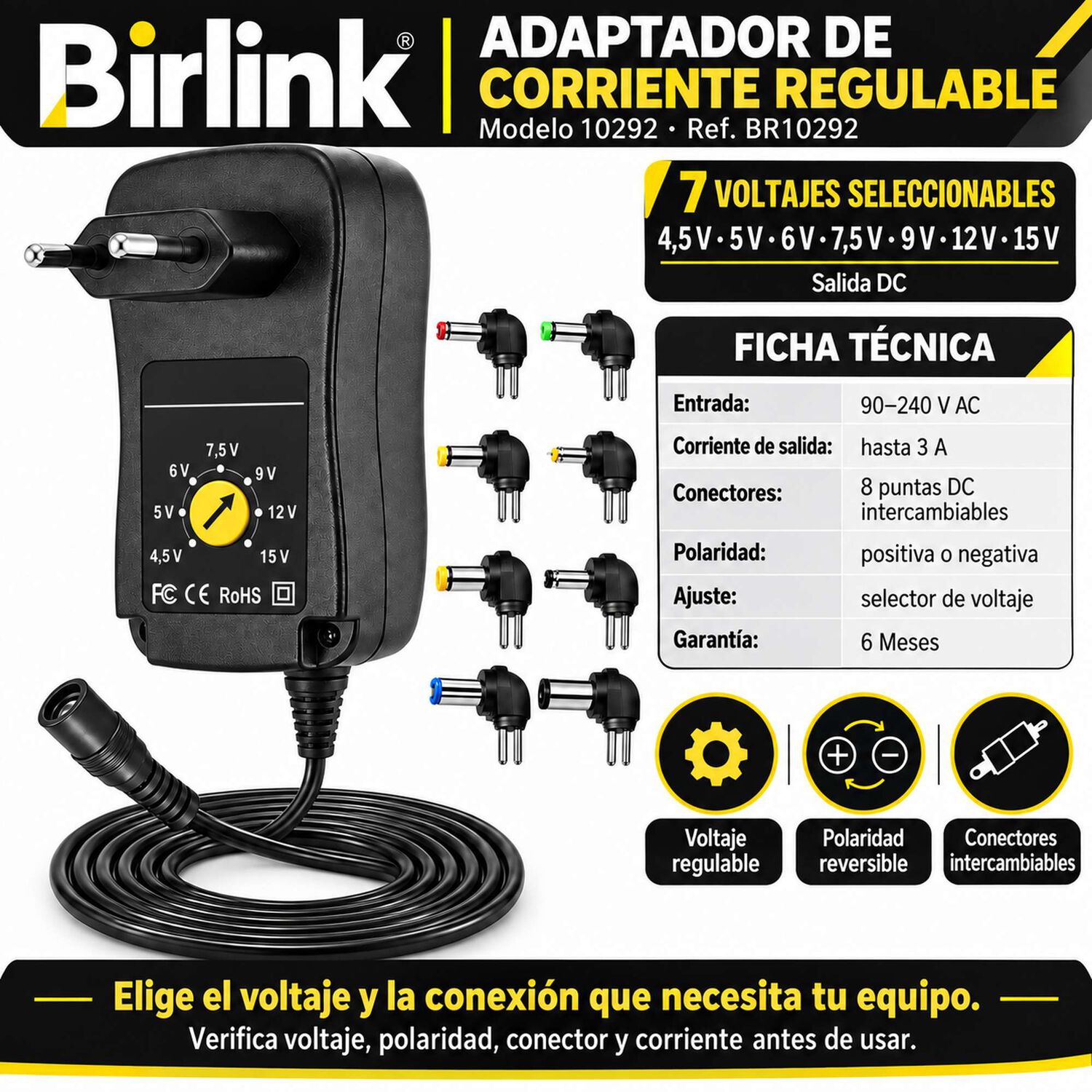 Adaptador Birlink 10292 Regulable 4,5 A 15v 3a 8 Conectores image number 3.0