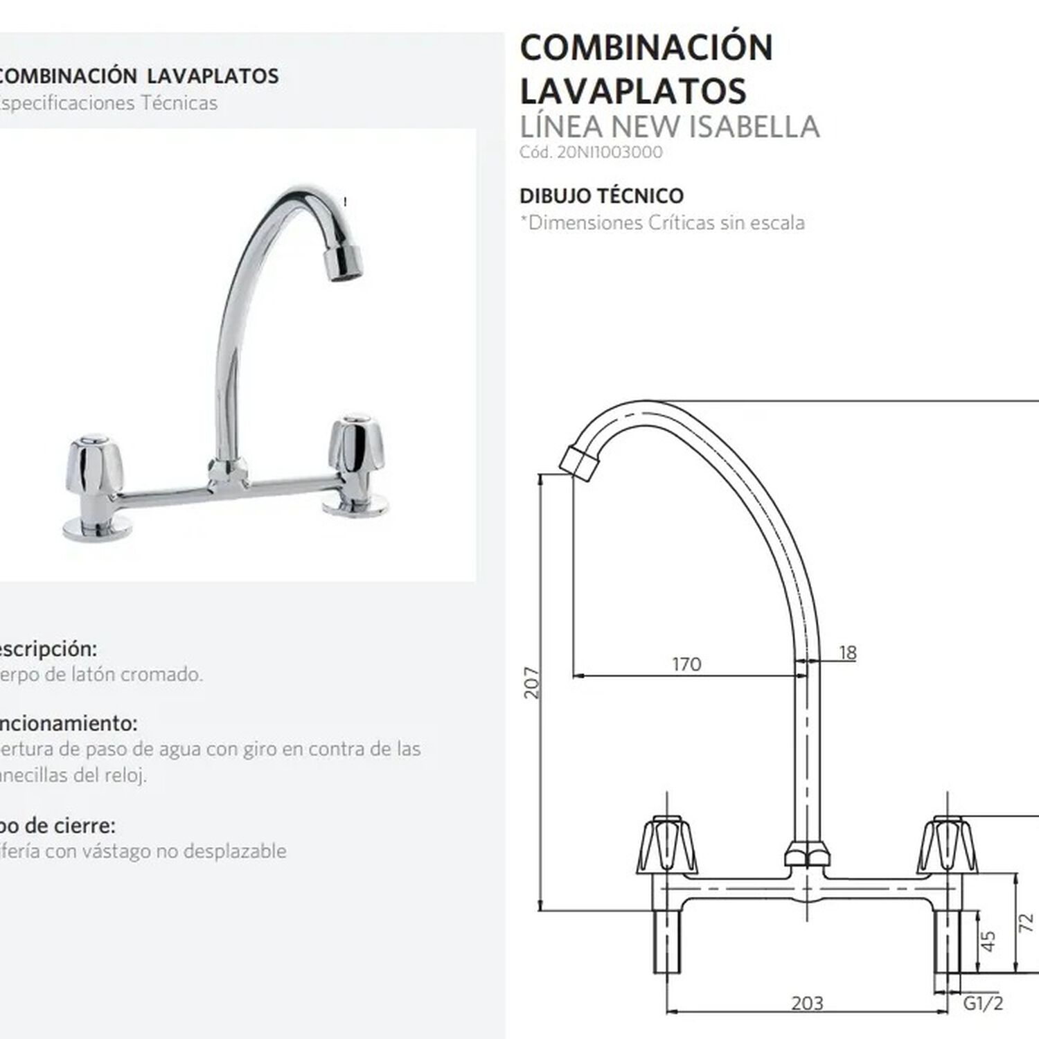 Llave Grifo De Fregadero Combinaci&oacute;n Lavaplatos New Isabella Stretto Acabado Cromado Color Cromo image number 4.0