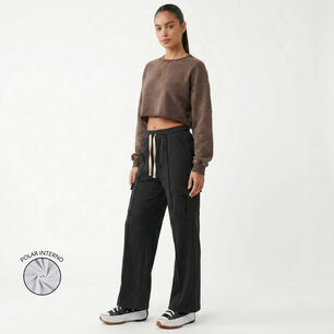 Pantalon Buzo Cargo Mujer Wide Leg Tiro Alto Con Cord&oacute;n