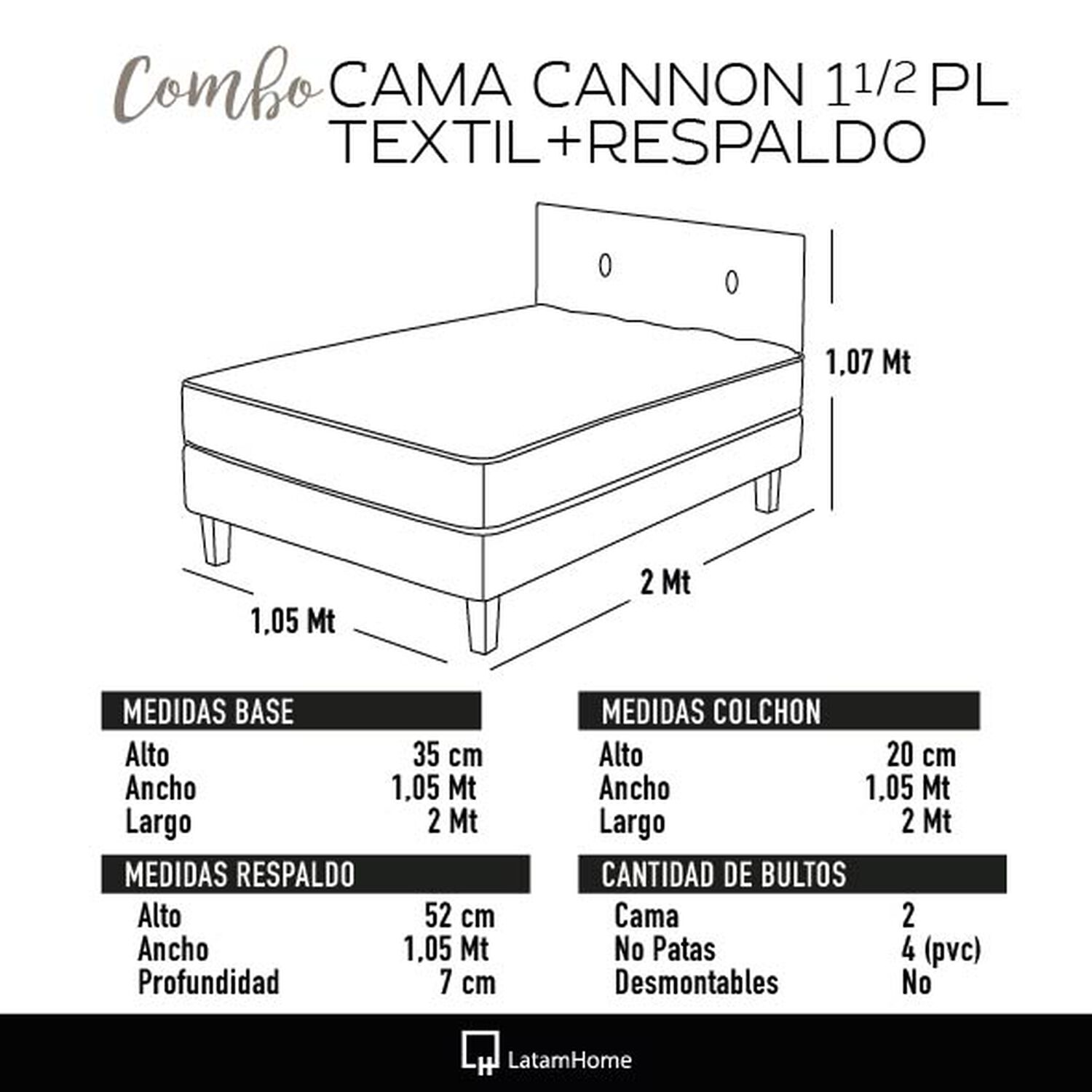 Combo Cama Cannon 1 1/2 Plaza Textil + Respaldo Tela Gris image number 3.0