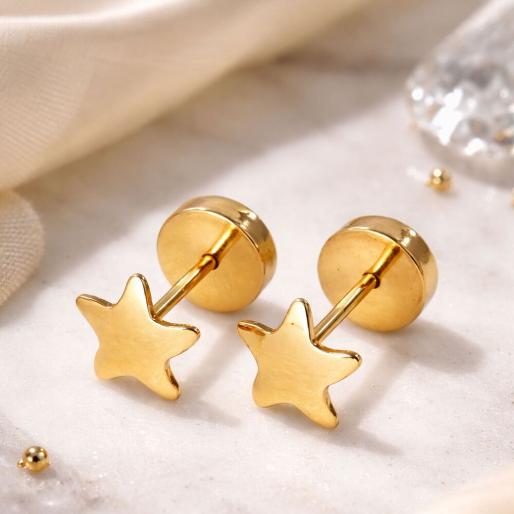Aros Abridores Estrella Lisa 6mm Oro 18k A Presi&oacute;n Beb&eacute; Ni&ntilde;a Mujer Segundo Hoyo image number 1.0
