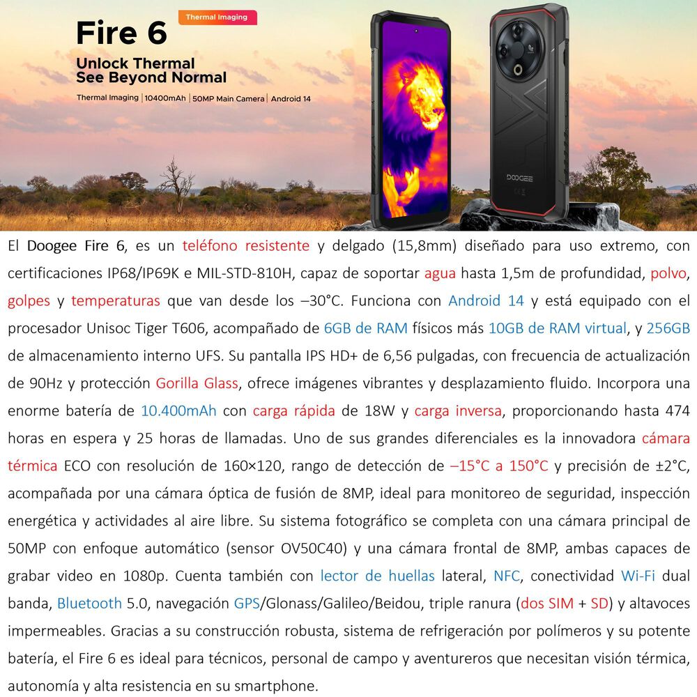 Doogee Fire 6 Smartphone Resistente Con Cámara Térmica Y Batería De 10.400mah image number 1.0