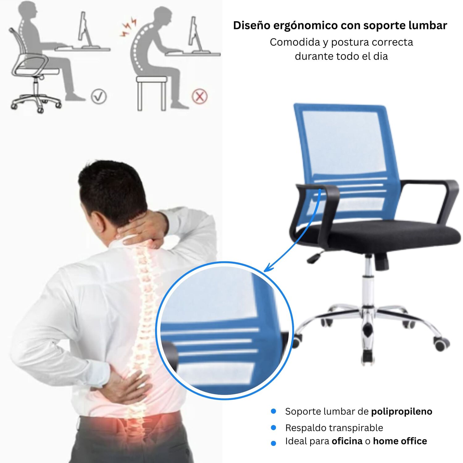 Silla De Oficina Ergon&oacute;mica Santiago Con Altura Ajustable Y Soporte Lumbar image number 4.0