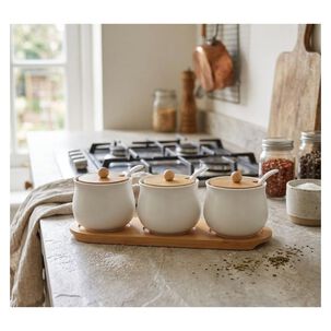 Set 3 Especieros Cer&aacute;mica Blanca Tapa Base Bamb&uacute; Con Cucharitas