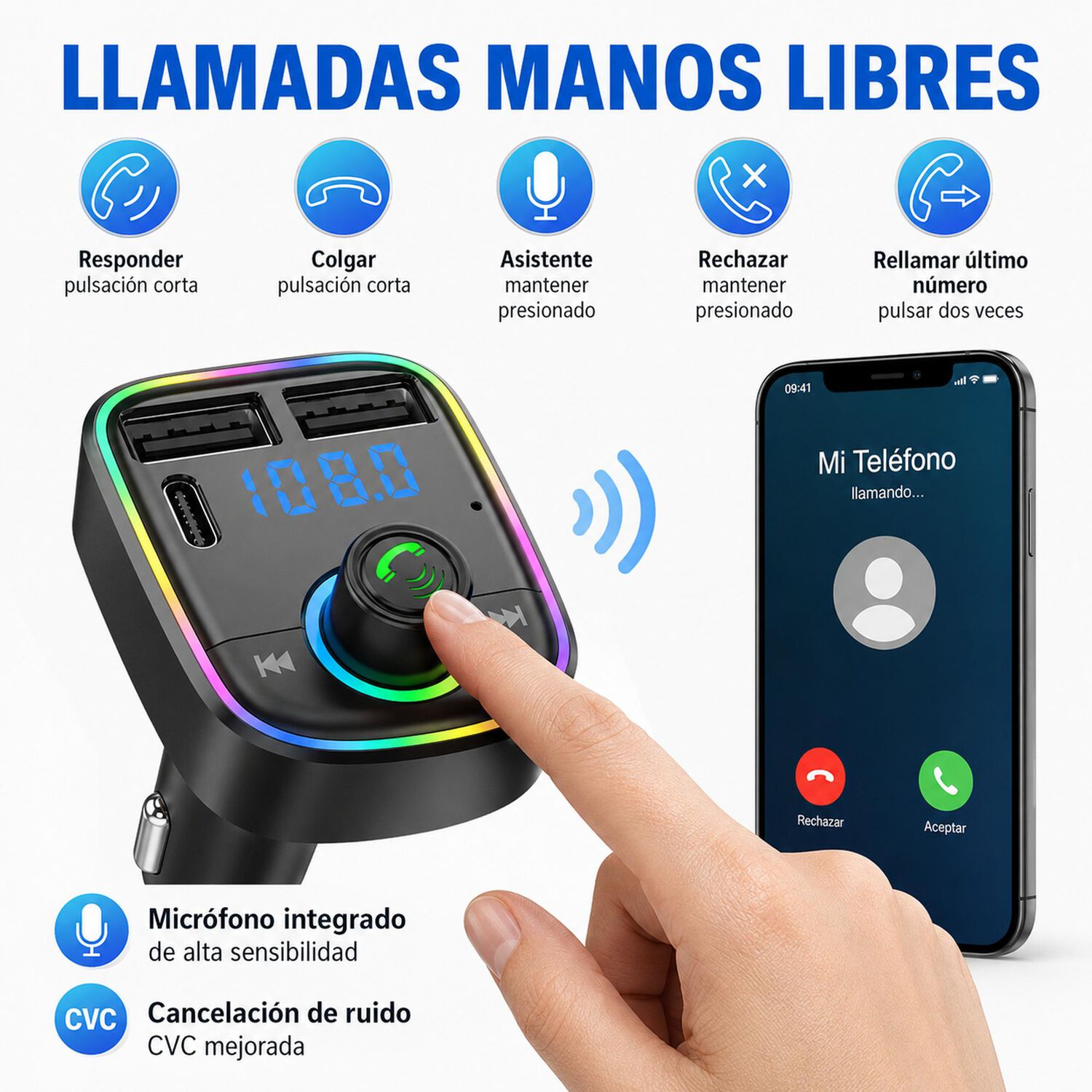 Transmisor Fm Bluetooth + Puerto Quick Charge 20w 12/24v Rgb image number 5.0