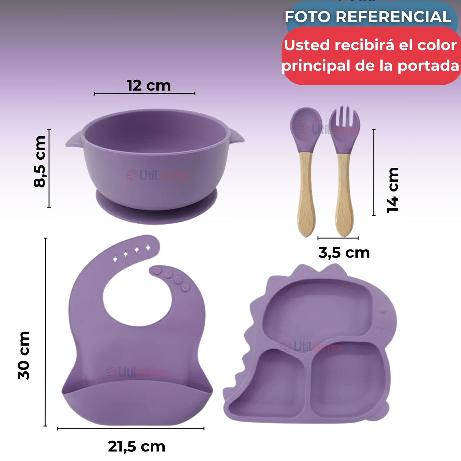 Set Alimentaci&oacute;n Silicona Beb&eacute; 5 Piezas Dinosaurio Libre Bpa Color Lila image number 2.0