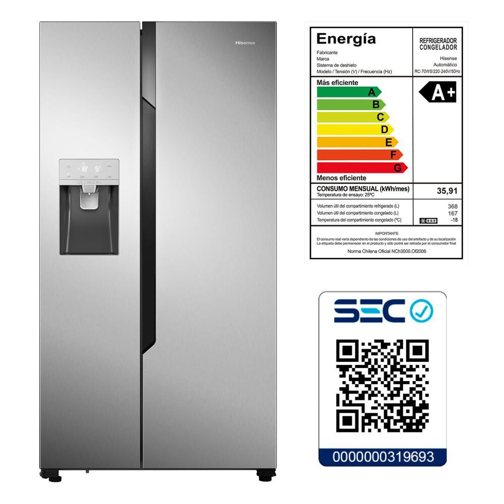 Refrigerador Side By Side Hisense RC-70WS / No Frost / 535 Litros / A+ image number 10.0