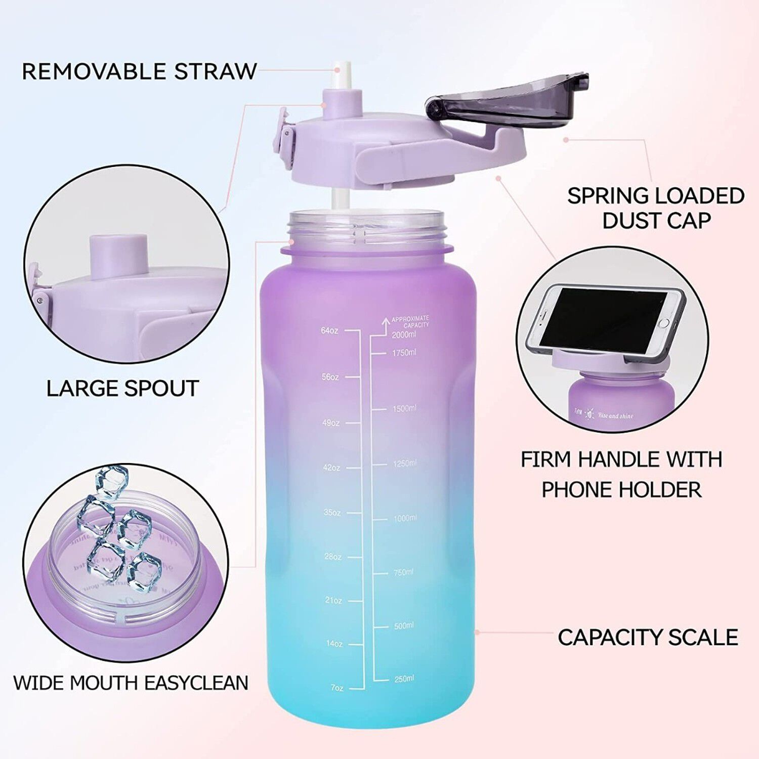 Pack 2 Botellas Agua Motivacionales 2l 900ml Morado Turquesa image number 3.0