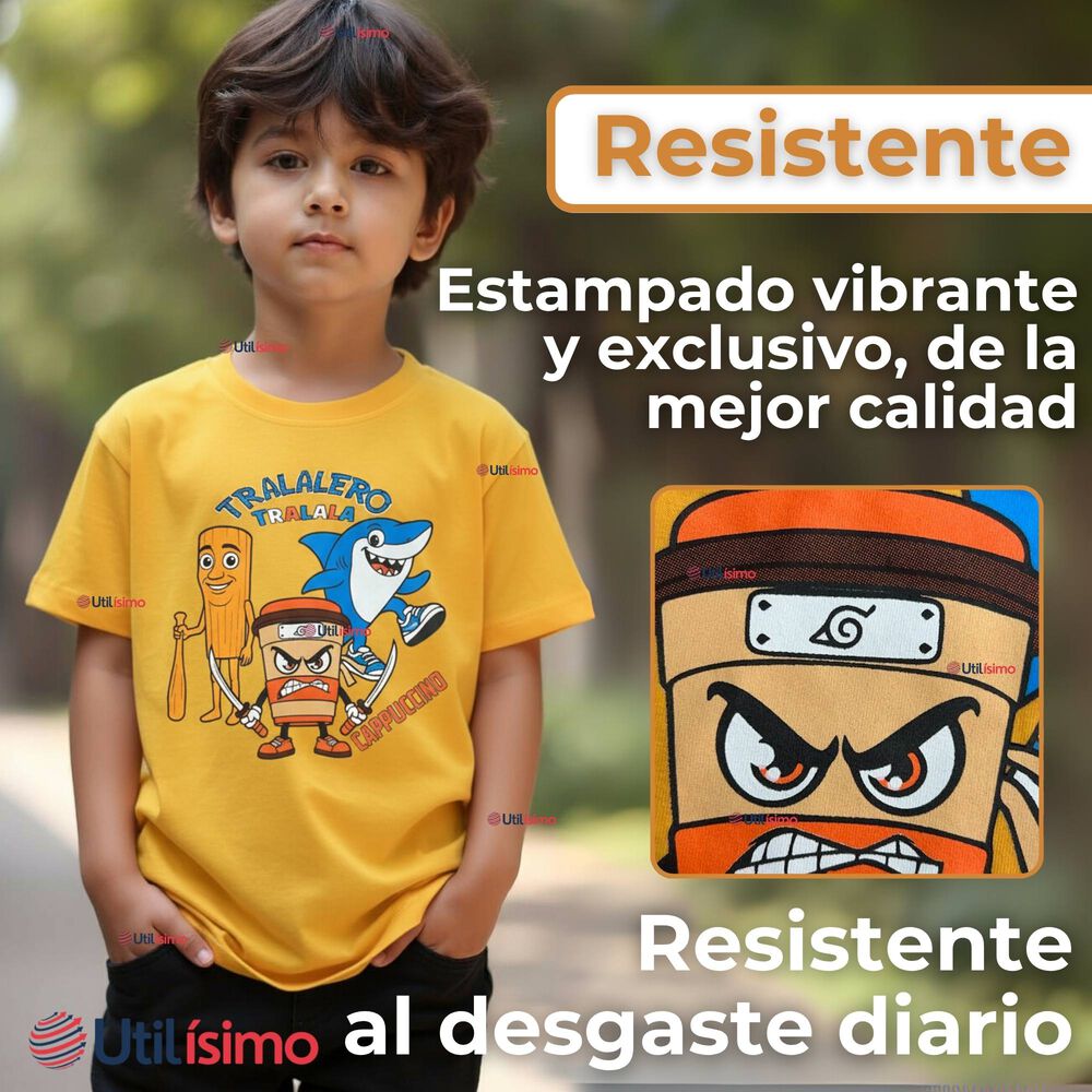 Polera Brainrots 100% Algodón Manga Corta Niño Tralalero Amarillo image number 3.0