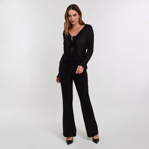 Blusa Lisa Con Aplicación Y Vuelo En Escote Y Mangas Mujer Kimera
