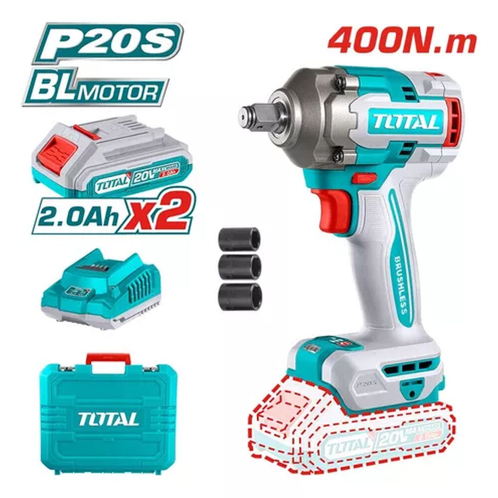 Llave Impacto Brushless 1/2" 400 Nm Con 2 Baterías 2ah, 20v Y Cargador Total image number 6.0