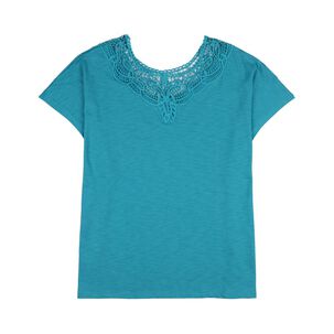 Polera Lisa Manga Corta Cuello Redondo Aplicación Brodery Mujer Sexy Large