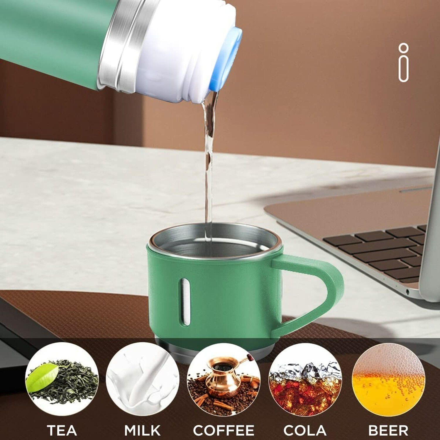 Termo Acero Inox 500ml Verde 3 Tazas Aisladas Caliente Fr&iacute;o image number 2.0