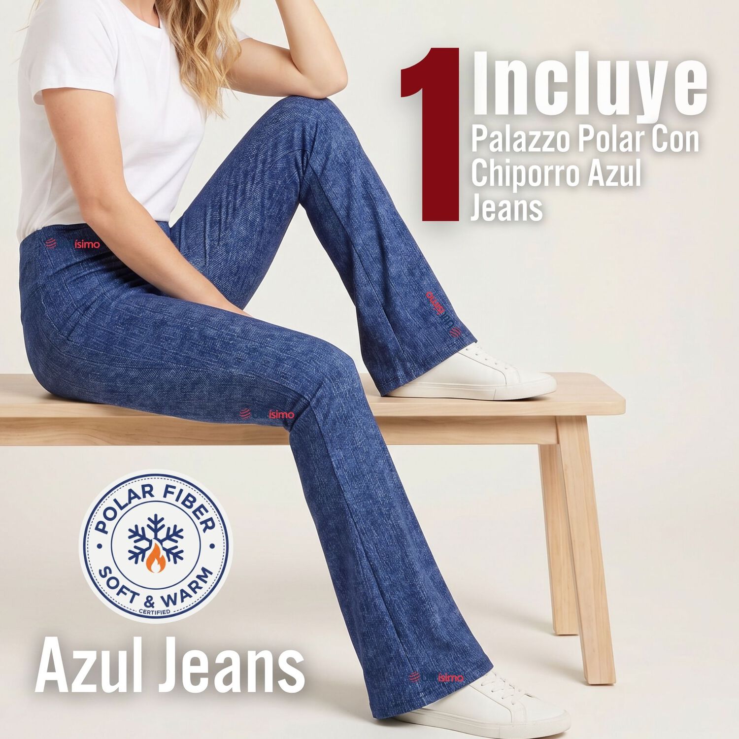 Calza Pantal&oacute;n Polar Con Chiporro Palazzo Mujer Elasticada T&eacute;rmica Azul Jeans image number 1.0