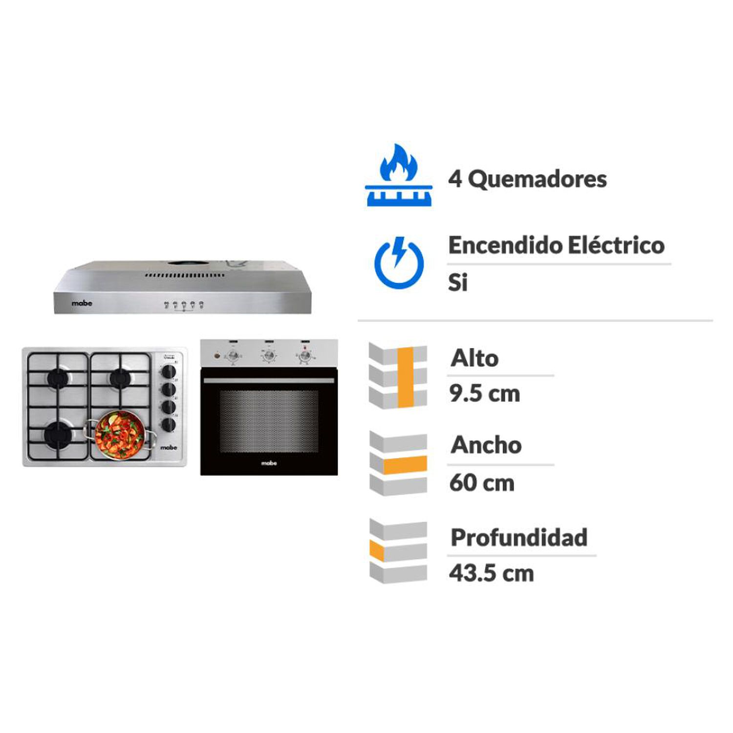 Kit de cocina Mabe Encimera a gas CMG6044SD + Campana CM6045XV0 + Horno El&eacute;ctrico Empotrable / 4 Quemadores image number 1.0