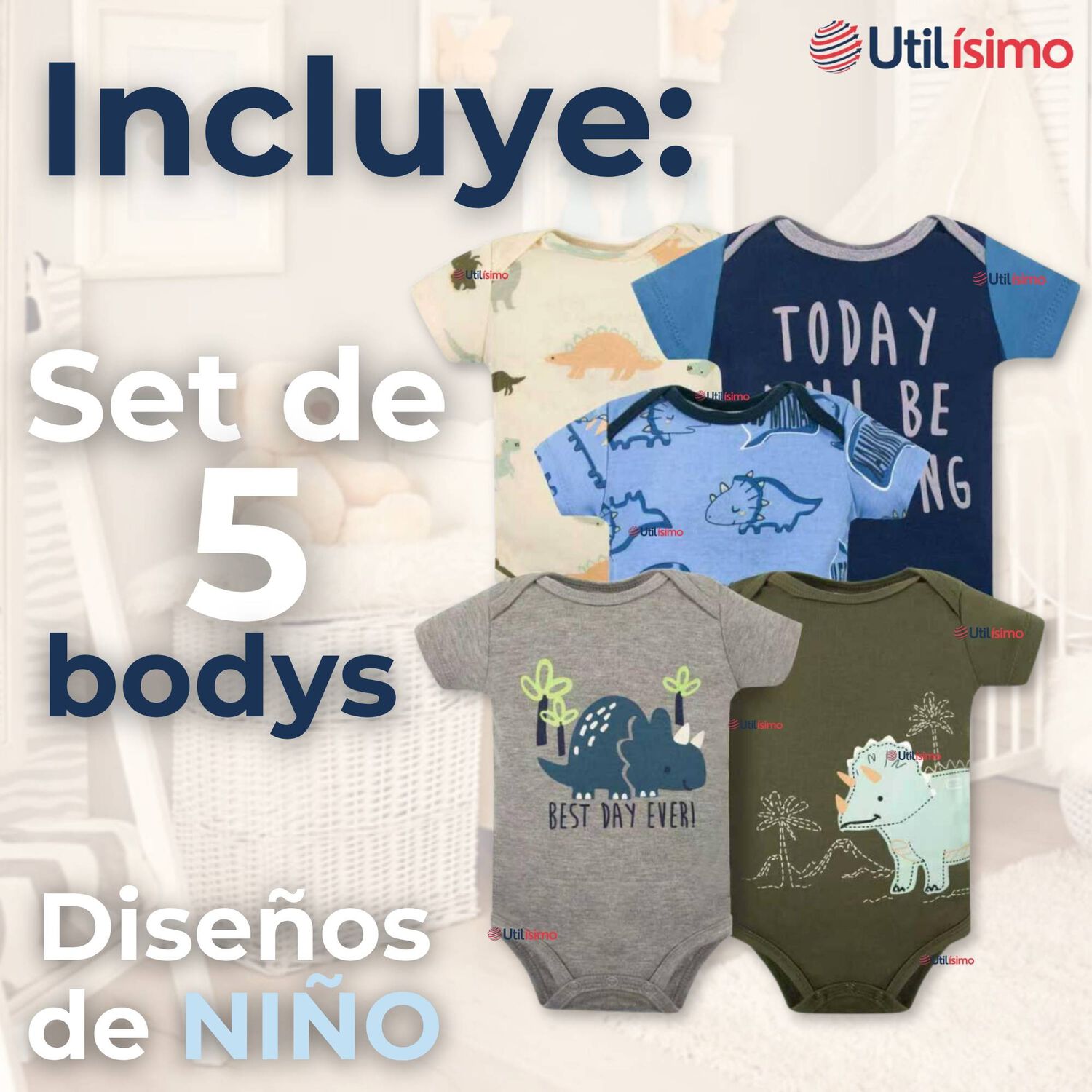 Pack 5 Bodys Ni&ntilde;o Manga Corta Tedmimak 100% Algod&oacute;n Mini Dino Squad image number 1.0