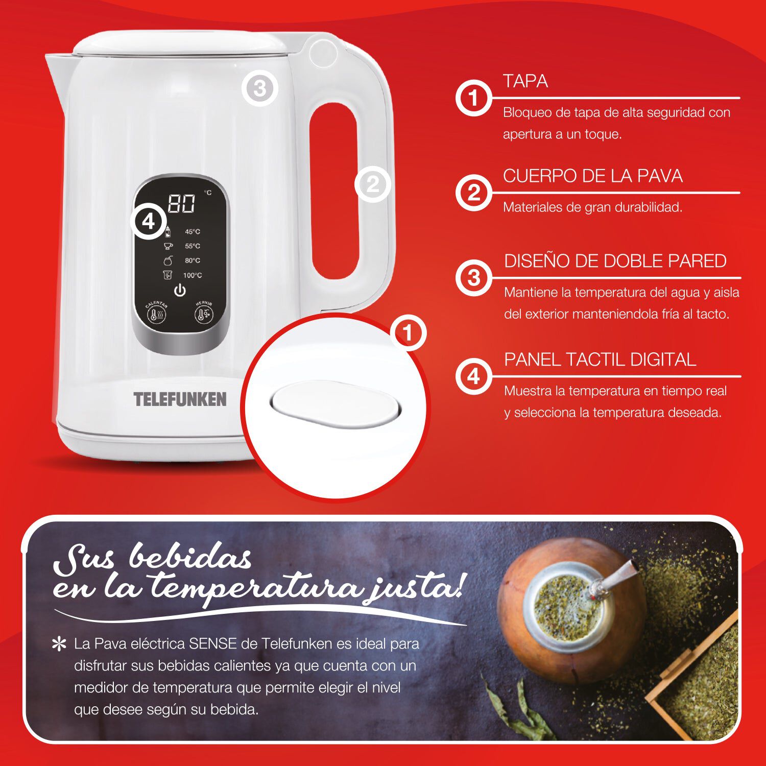 Hervidor El&eacute;ctrico Digital Telefunken 1,8 Litros 1500w Control De Temperatura Keep Warm Pava Blanco image number 6.0