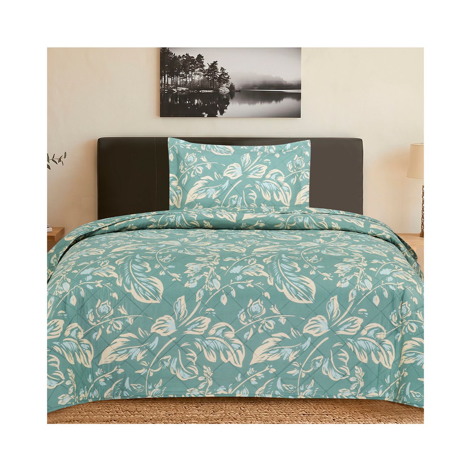 Quilt Andes Estampado Hojas Aqua 1.5 Pl image number 0.0