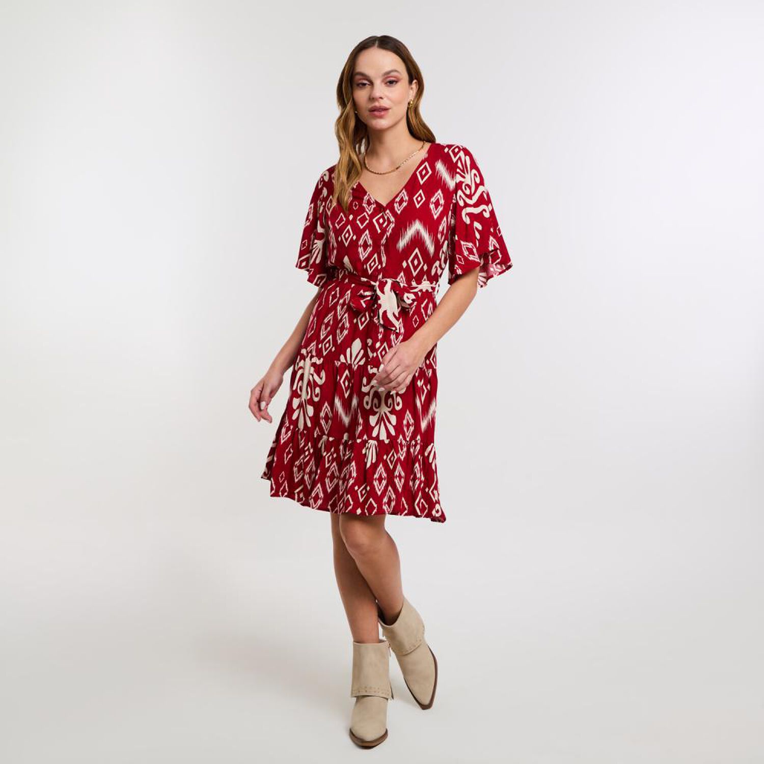 Vestido Full Print Maga Corta Con Vuelo Y Lazo En Cintura Mujer Kimera image number 0.0