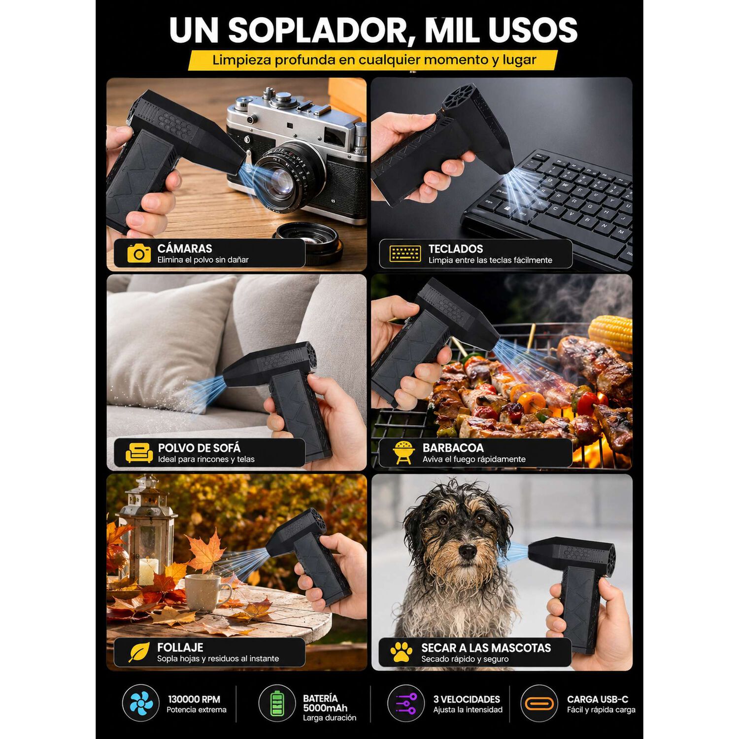 Soplador Port&aacute;til Usb 200w 130000rpm 3 Velocidades image number 5.0