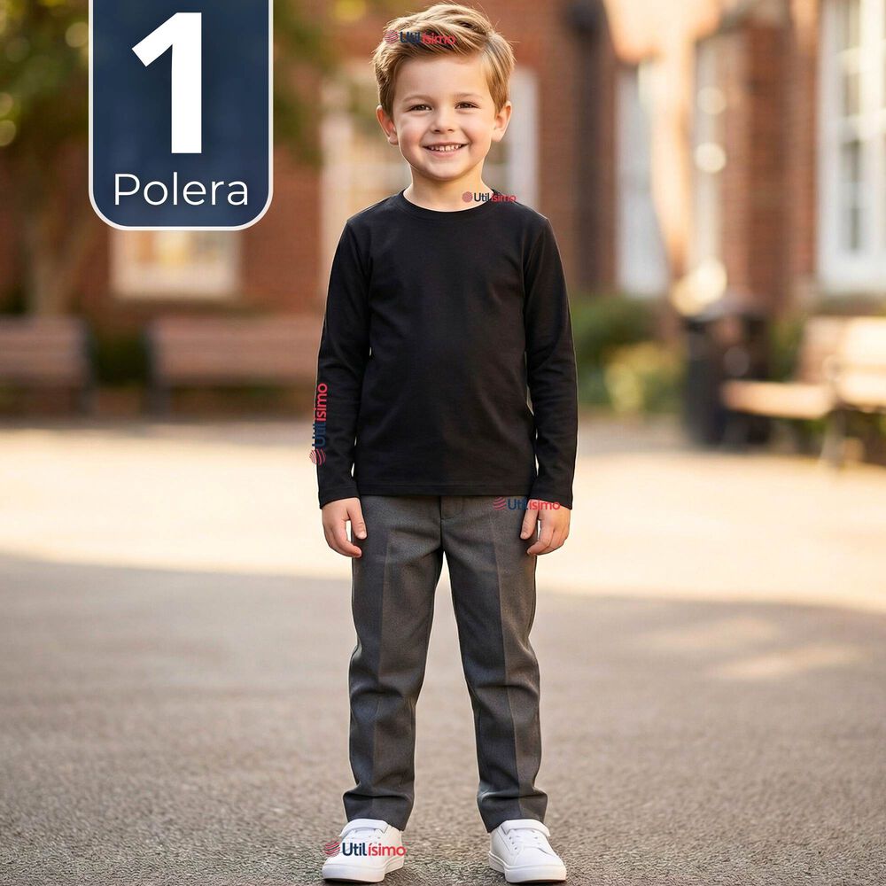 Polera Camiseta Polar Negra Primera Capa Escolar Cuello Redondo Manga Larga Ni&ntilde;o image number 0.0