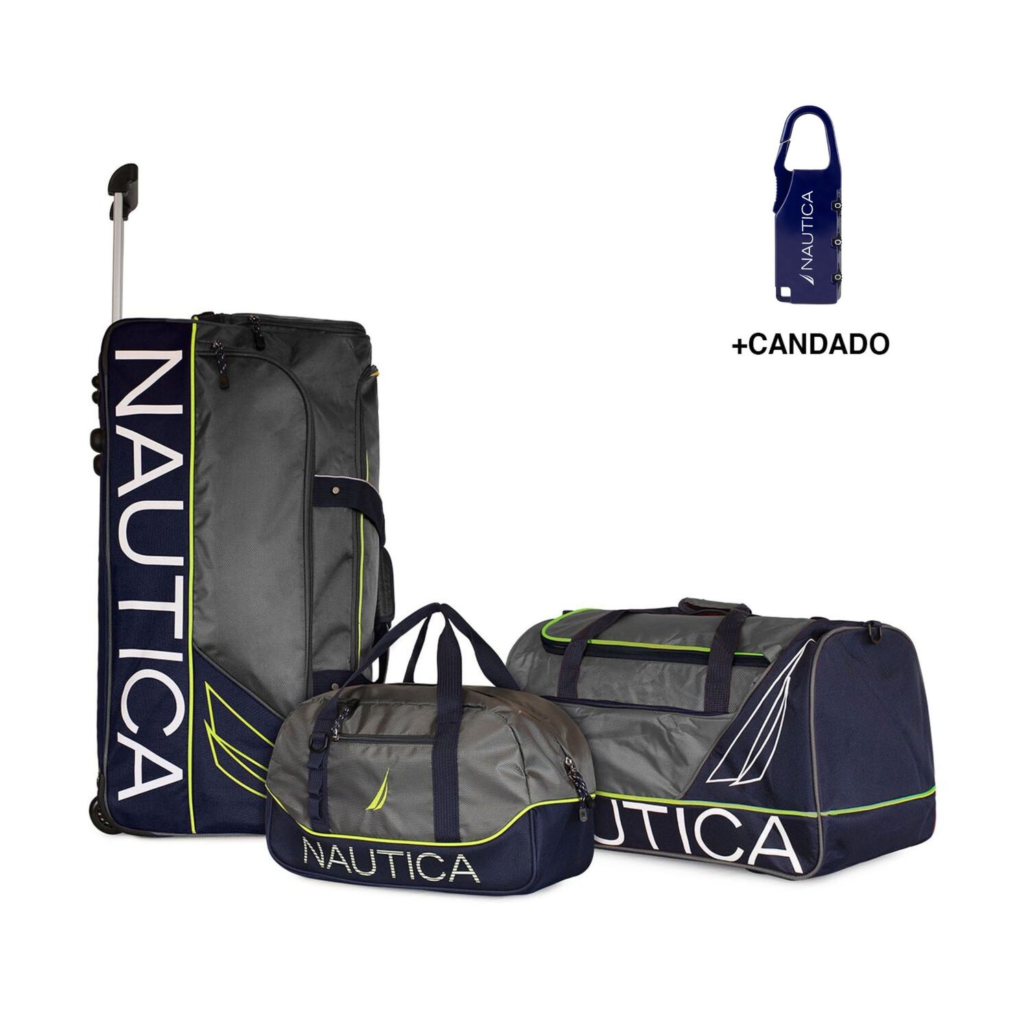 Set 3 Bolsos De Viaje Con Ruedas Nautica Mannar Gris + Candado image number 0.0