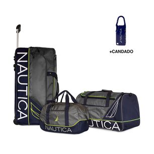 Set 3 Bolsos De Viaje Con Ruedas Nautica Mannar Gris + Candado