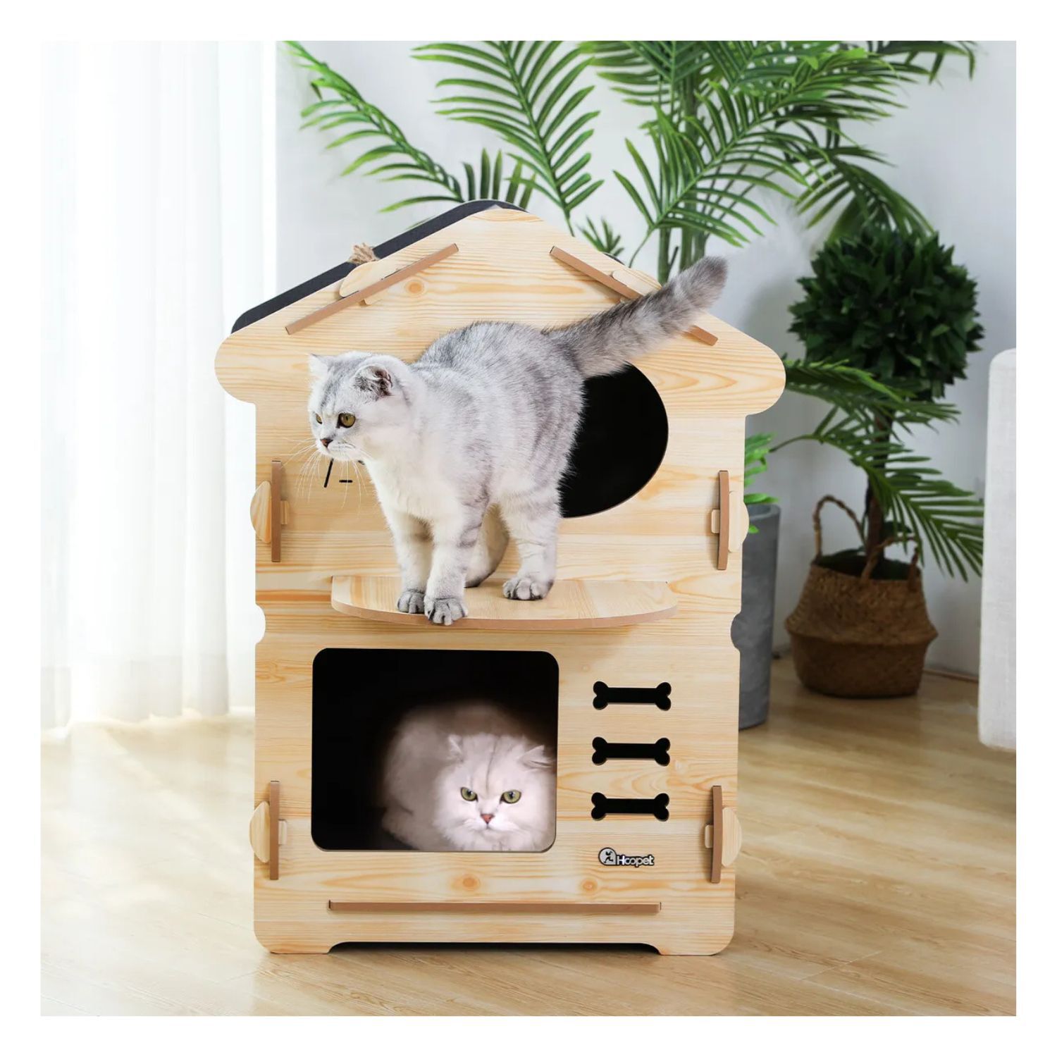 Casa Gatos Perros Madera Torre 2 Pisos 80cm Altura Beige image number 2.0