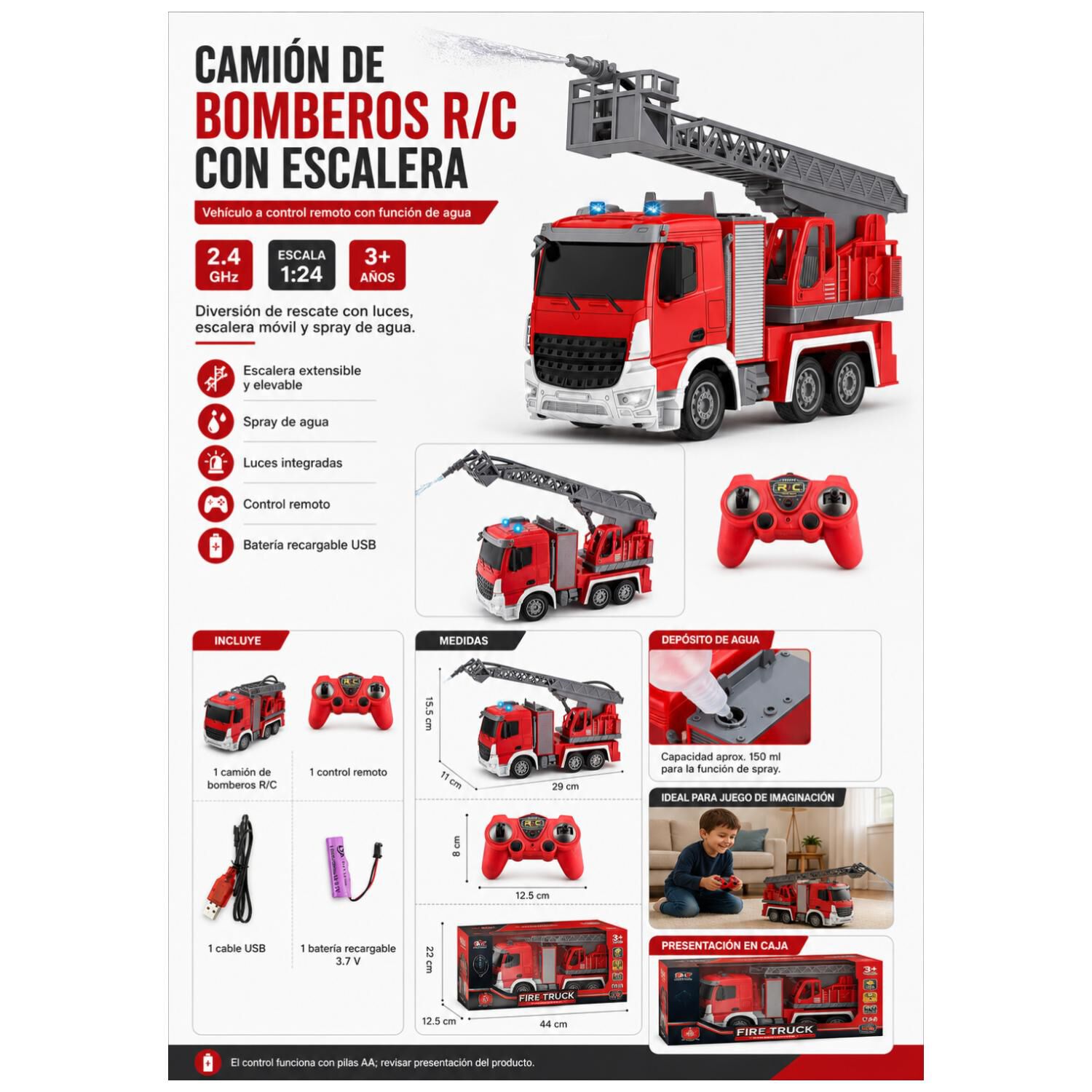 Juguete Camion De Bomberos A Control Remoto 1:24 Luces Agua Infantil image number 4.0