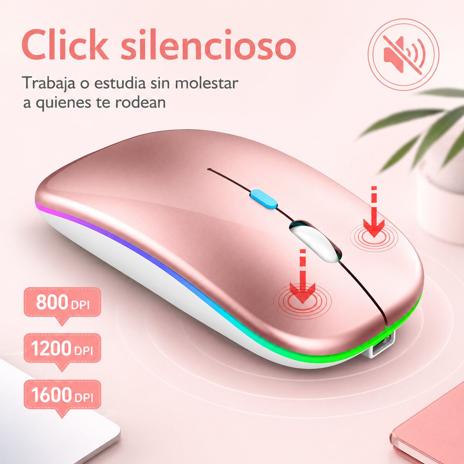 Mouse Dual Inal&aacute;mbrico Rosado Recargable Bluetooth + Usb 2g image number 6.0