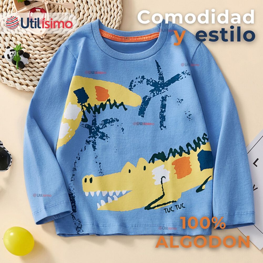 Polera Manga Larga Niño 100% Algodón Cocodrilo Azul Camiseta image number 1.0