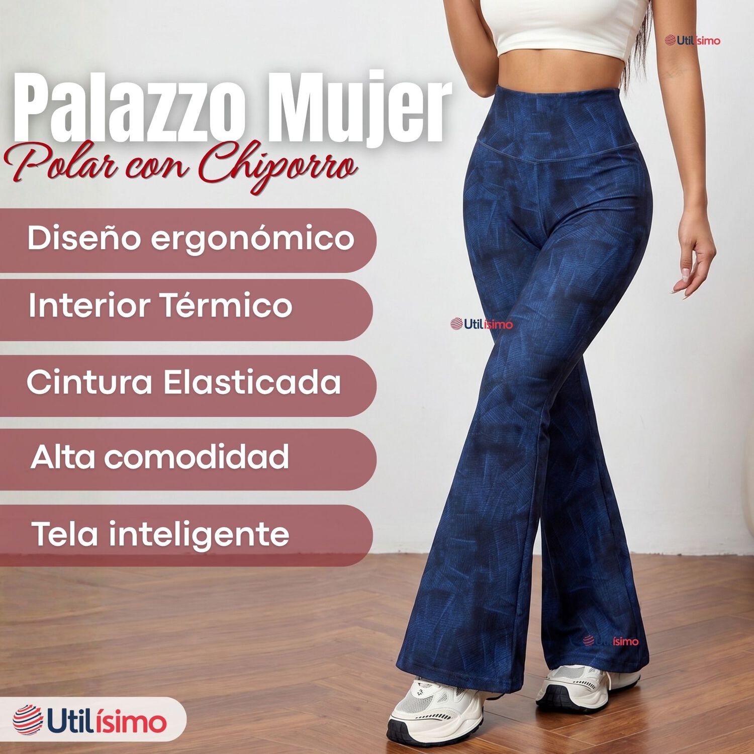 Pantal&oacute;n Polar Con Chiporro Palazzo Mujer Calza Elasticada T&eacute;rmica Azul image number 2.0