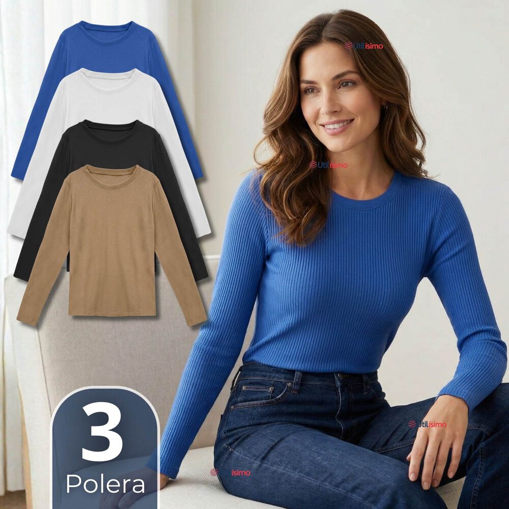 Pack 3 Camisetas Polar Polera Cuello Redondo Mujer Manga Larga Tela Acanalada Colores Surtidos image number 0.0