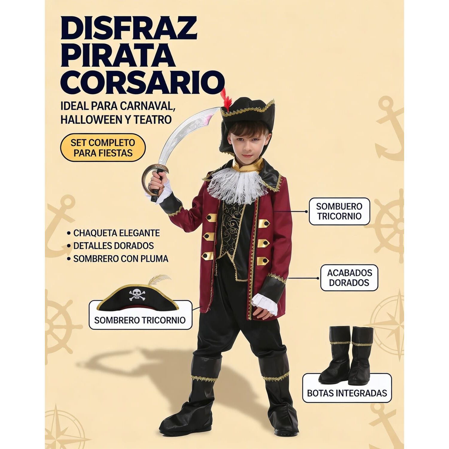 Disfraz Cosplay Pirata Corsario Piratas Infantiles Todos Ni&ntilde;o image number 3.0