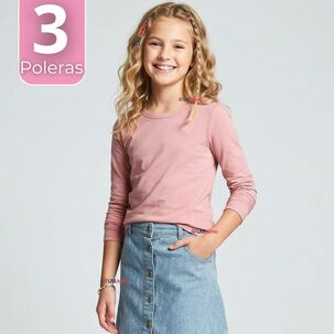 Pack 3 Camisetas Poleras Bamb&uacute; Cuello Redondo Rosado Claro Primera Capa Manga Larga Ni&ntilde;a