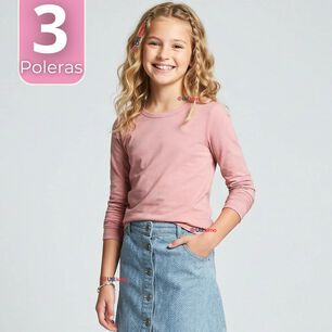 Pack 3 Camisetas Poleras Bamb&uacute; Cuello Redondo Rosado Claro Primera Capa Manga Larga Ni&ntilde;a