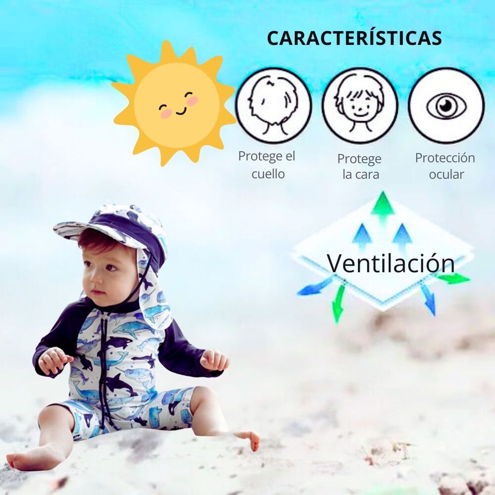 Gorro Para El Sol Con Solapas Protección Uv Niños De 1 A 10 Años Blanco Delfines image number 3.0