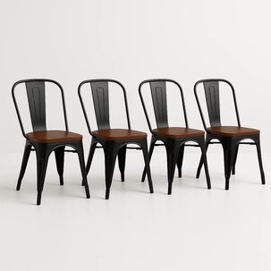 Pack De 4 Sillas Tolix Con Asiento De Madera Oscura Walnut - Negras Pack De 4 Sillas Tolix Con Asiento De Madera Oscura Walnut - Negras