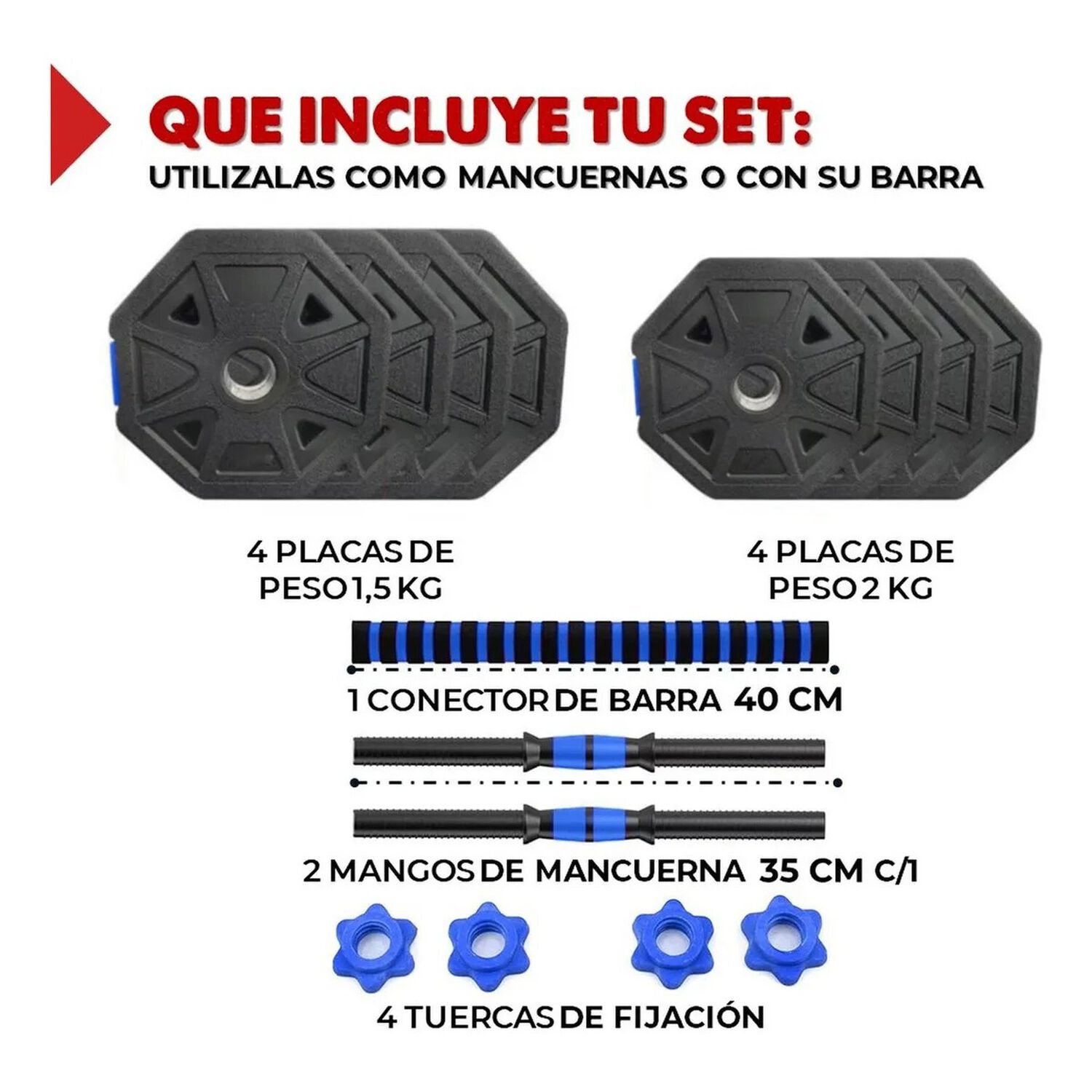 Set Mancuernas Ajustables Hexagonales 15 Kg 2en1 + Barra image number 1.0